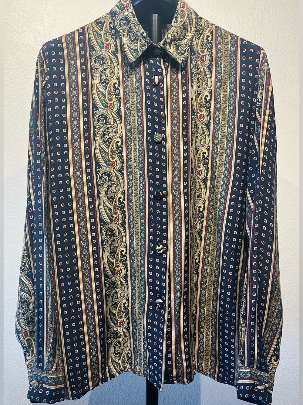 Vintage Beechers Brook Navy Paisley-Stripe Button-Down Shirt - Size L (Women’s)